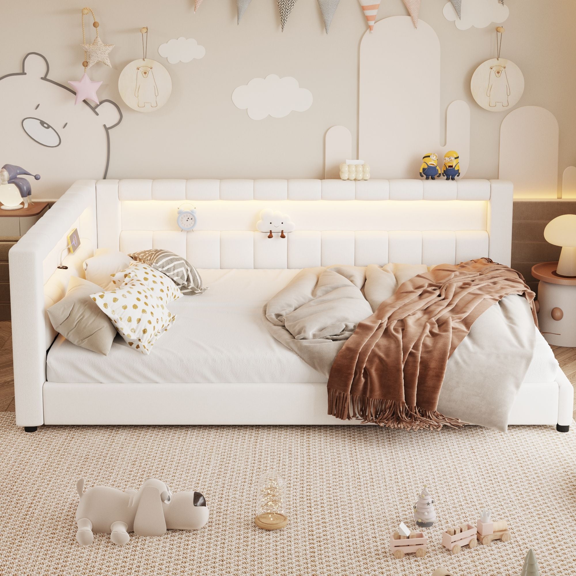 Upholstered Platform Bed With LED Belt And USB Ports