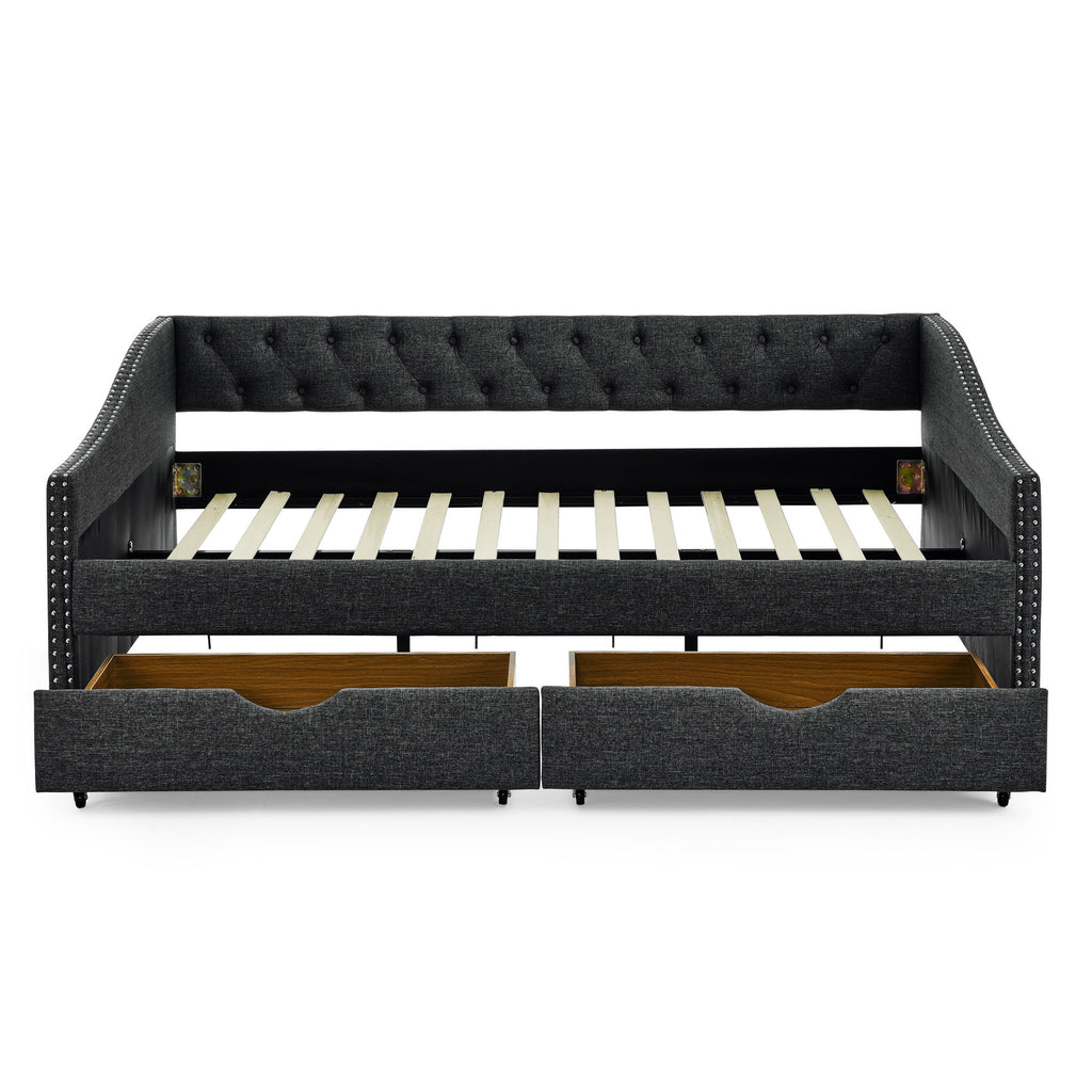 Upholstered Tufted Daybed With 2 Drawers, Waved Arms