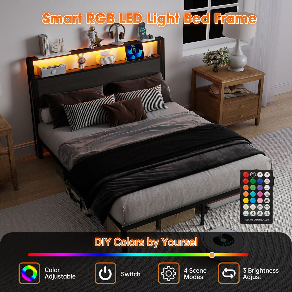 Bed Frame With Headboard, LED Lights & Charging Station