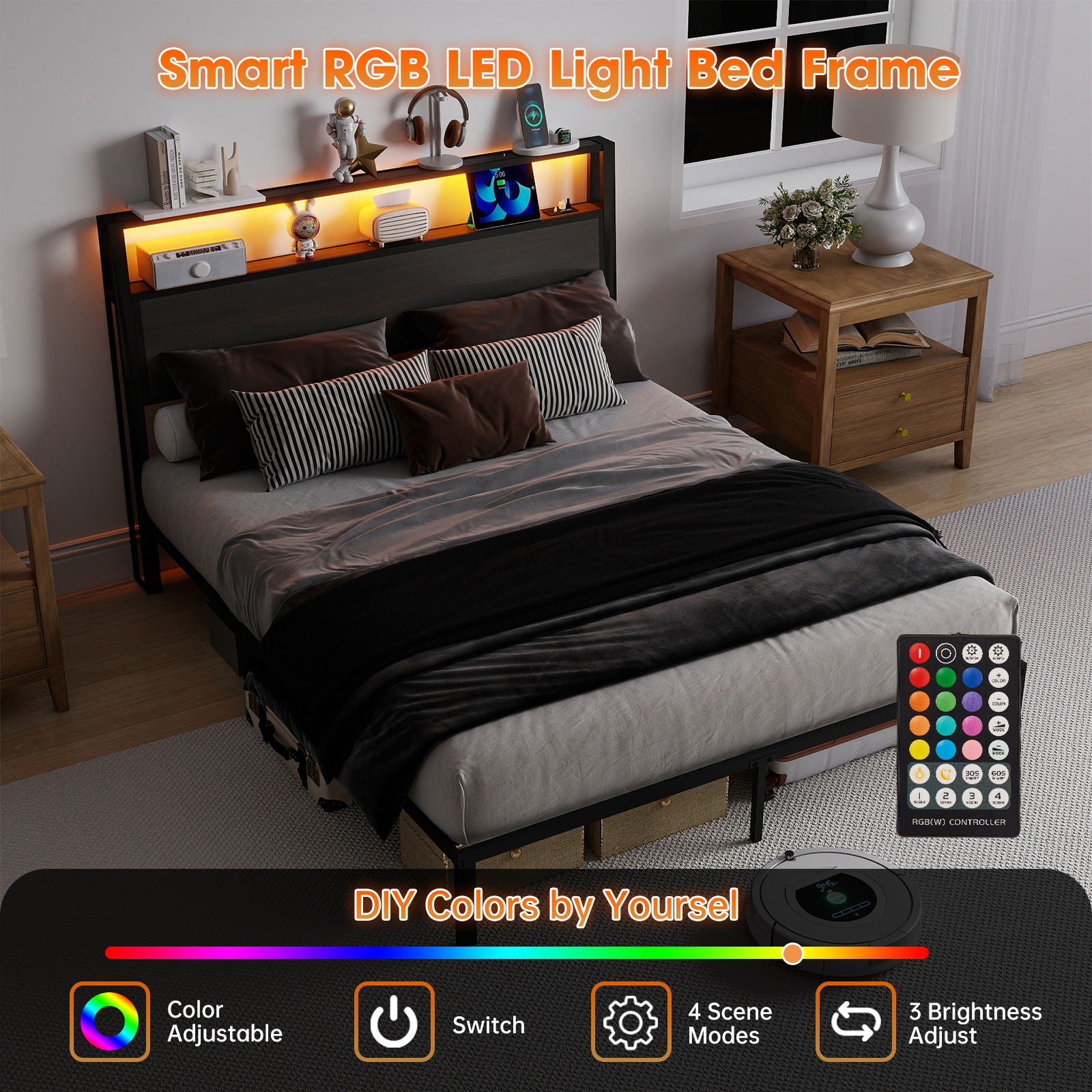 Bed Frame With Headboard, LED Lights & Charging Station