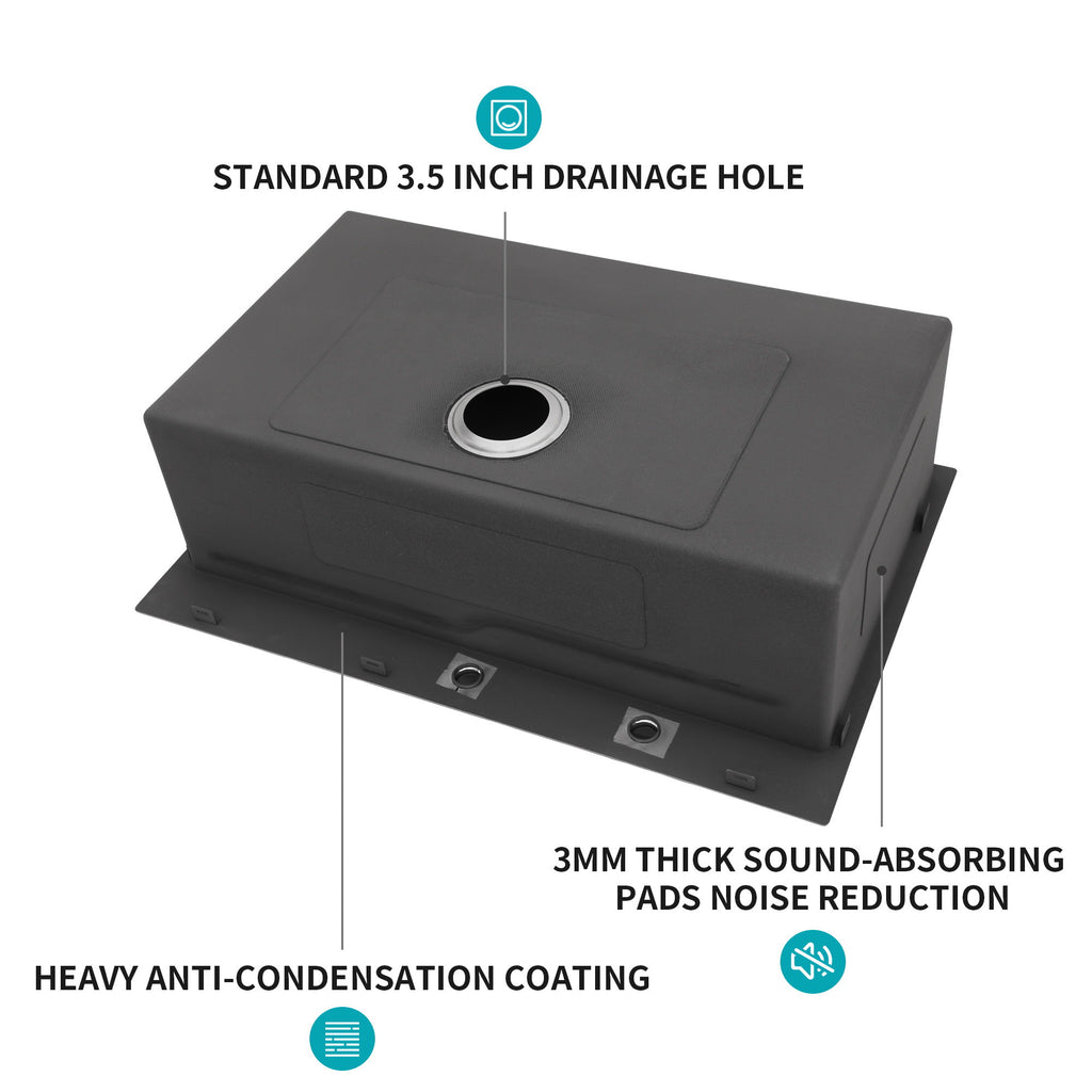 33" Drop In Kitchen Sink With Ledge Workstation, Single Bowl, 16 Gauge Stainless Steel - Black / Gray