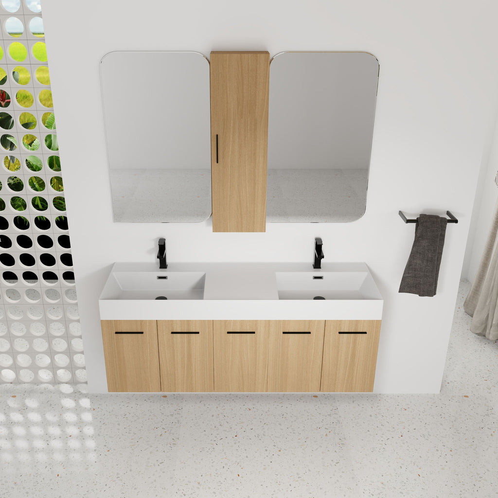 Floating Double Sink Bathroom Vanity Set With Tall Linen Cabinet, Extra Large Storage, Integrated Sink, Soft Close Doors - Glossy White / Light Oak