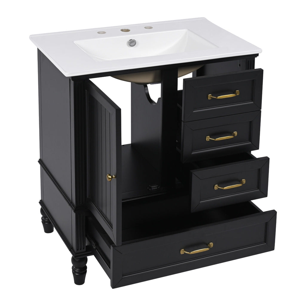 30" Bathroom Vanity With Sink, 3 Drawers, Adjustable Feet