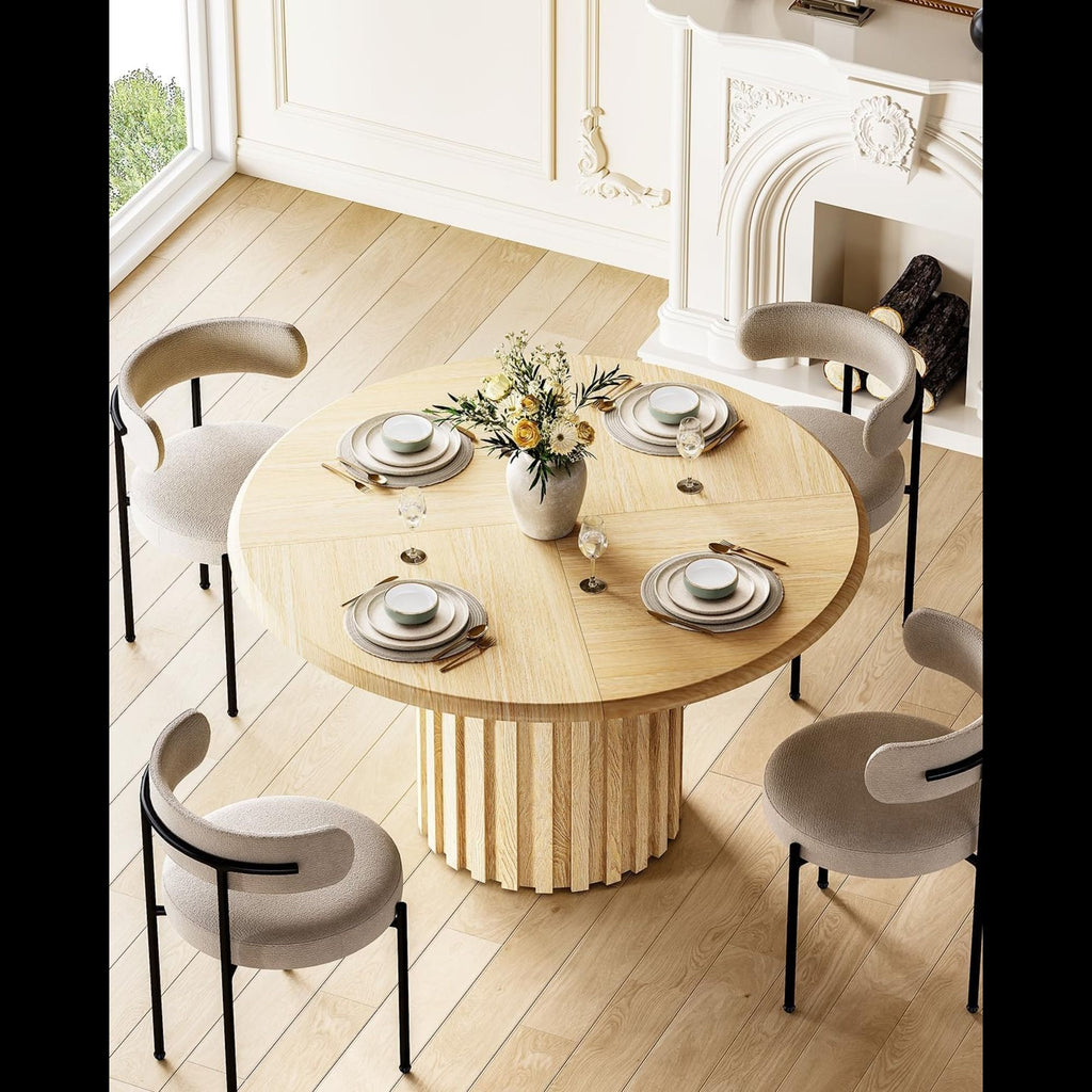 Round Dining Table With Fluted Pedestal Base, Circle Kitchen & Dinner Table - Natural Wood