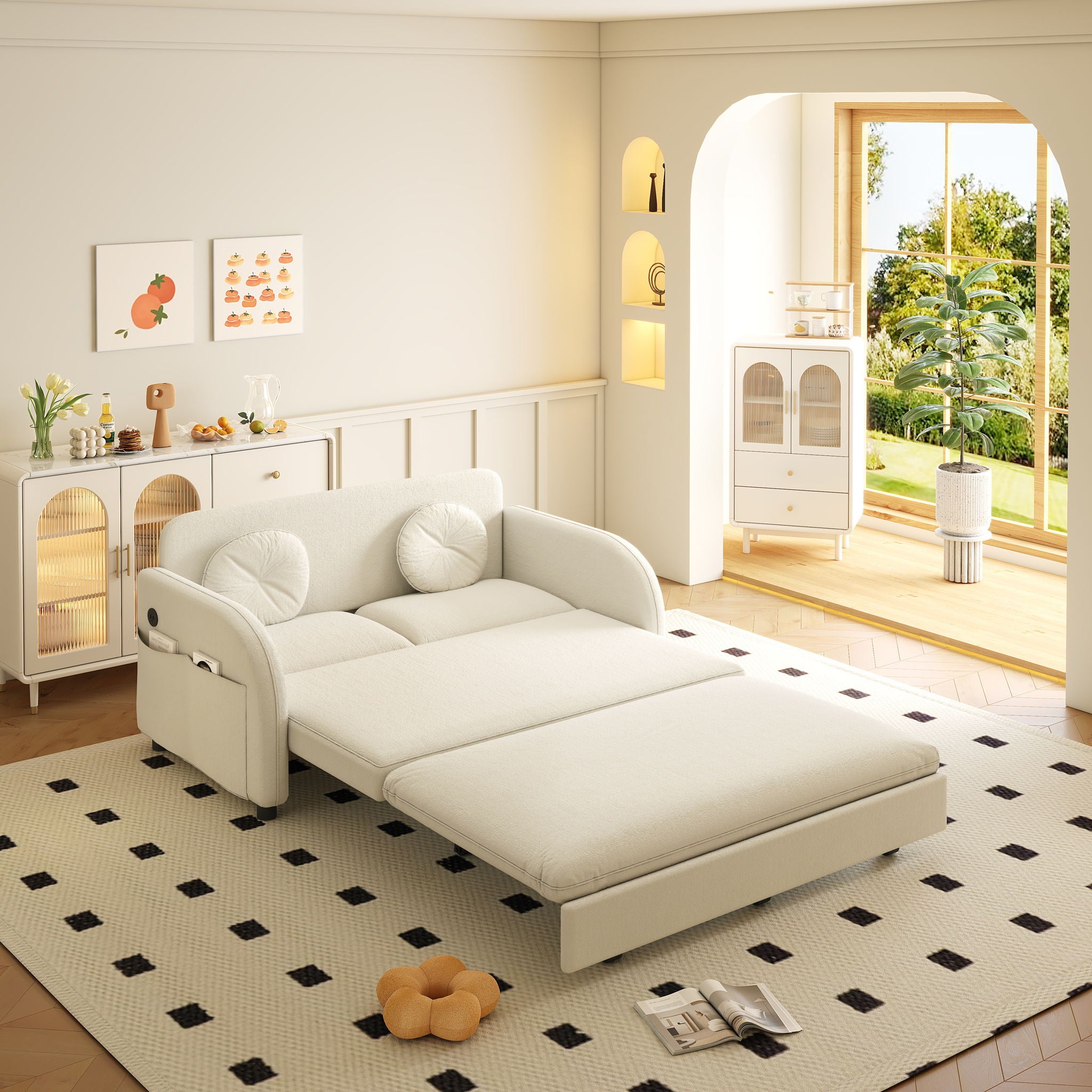 Upholstered Pull Out Couch With Side Pocket & USB Port