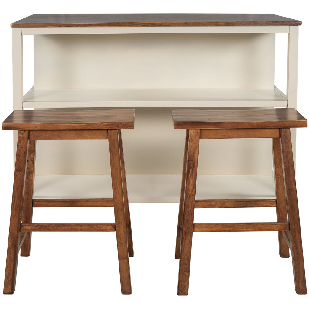Rustic 3 Piece Stationary Kitchen Island Set With 2 Seatings, With 2 Open Shelves