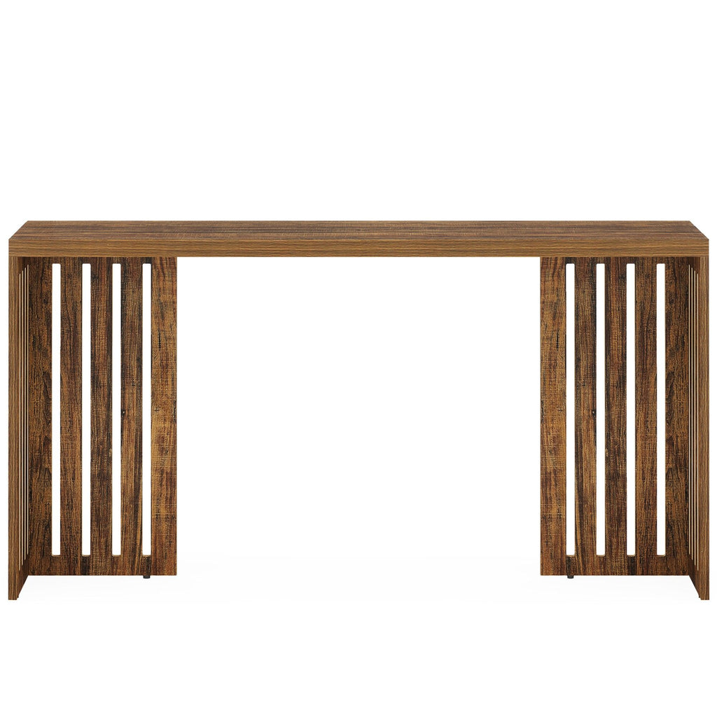 Narrow Counter Height Pub Table With Louvered Base For Kitchen - Rustic Brown