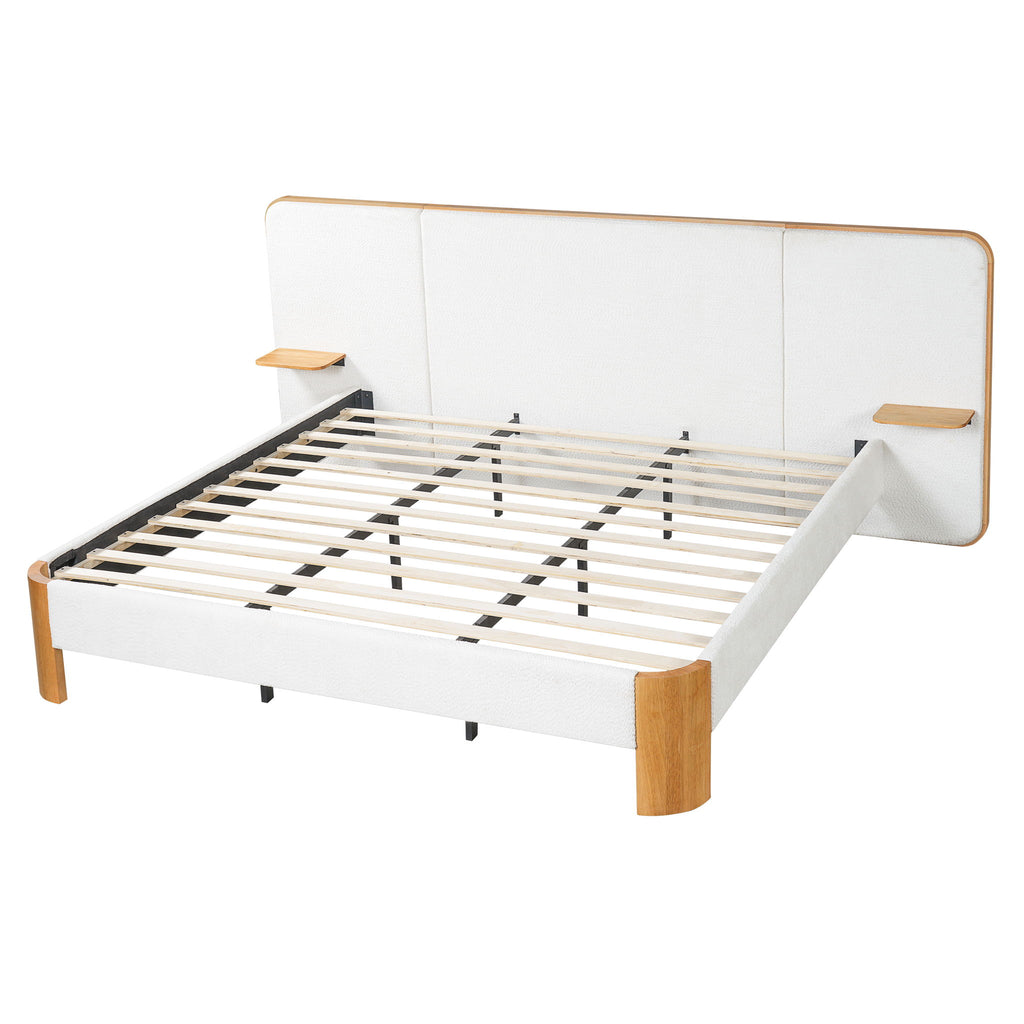 Upholstered Platform Bed Frame With Curved Headboard, Built-In Floating Shelves
