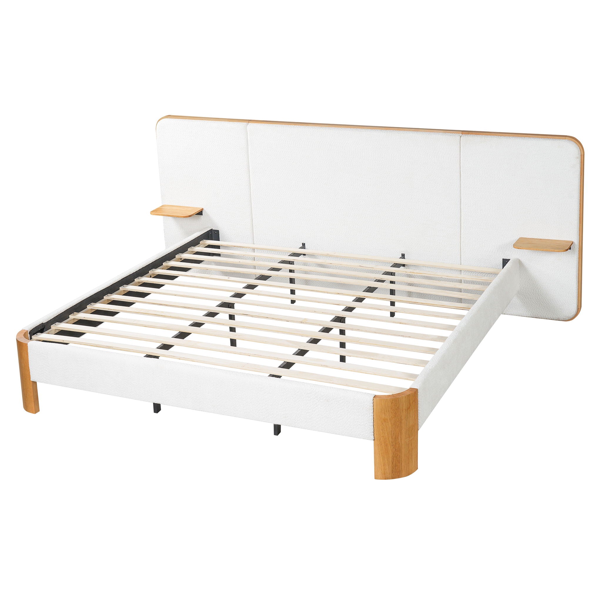 Upholstered Platform Bed Frame With Curved Headboard, Built-In Floating Shelves
