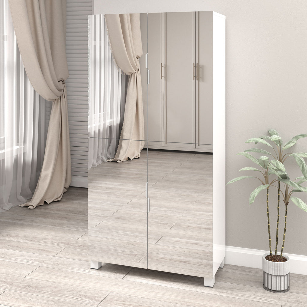 Shoe Cabinet With 4 Mirror Doors 50" Tall Entryway Storage, 8 Adjustable Shelves, Holds 24 32 Pairs (Size 15), Dust Proof Closet For Hallway / Apartment, Ventilation Holes - White