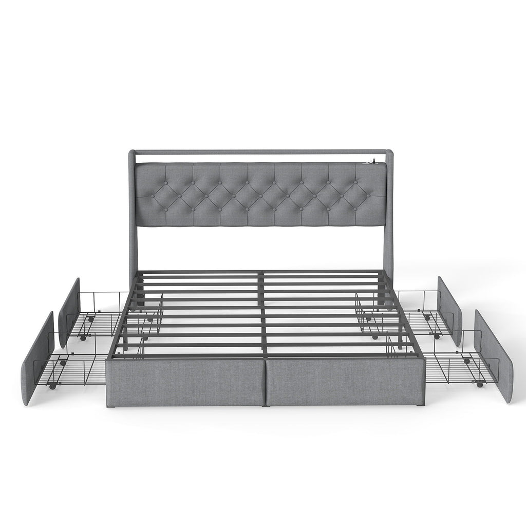 Platform Bed Frame With RGB LED Lights, Charging Station, Storage Headboard & 4 Underbed Drawers