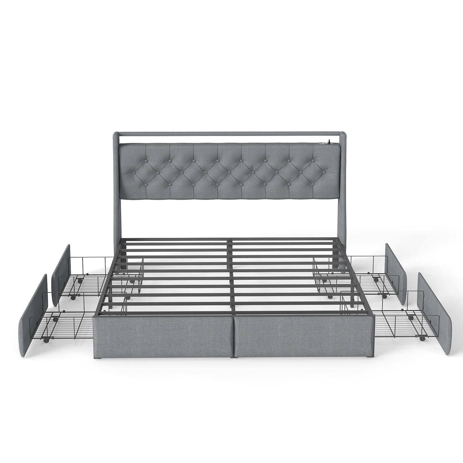 Platform Bed Frame With RGB LED Lights, Charging Station, Storage Headboard & 4 Underbed Drawers