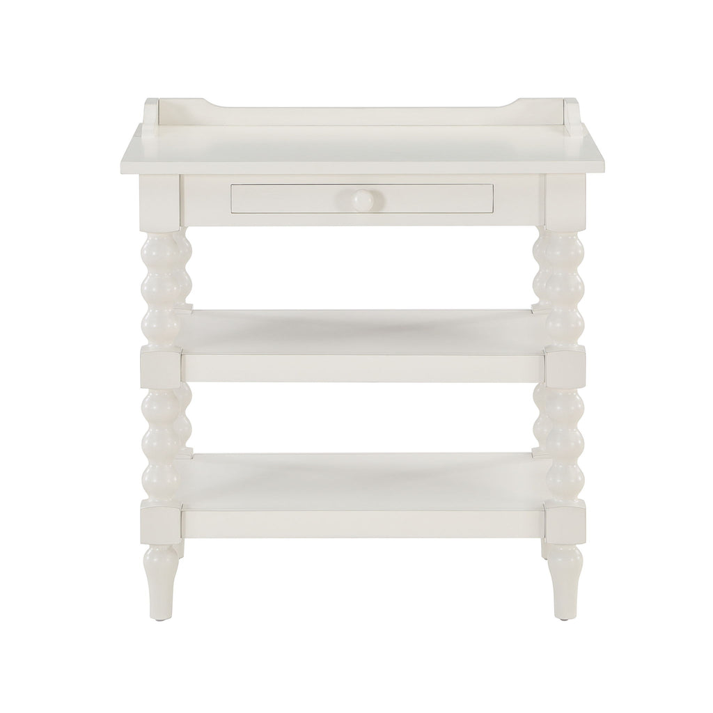 Aria - Nightstand With Styling, 2 Shelves, Pull Out Tray, Spool Turned Legs - Antique White