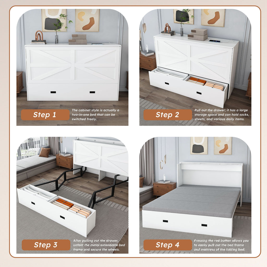 Full Murphy Bed With Storage Drawers, Charging Station, Foldable Panels, And Silent Swivel Wheels