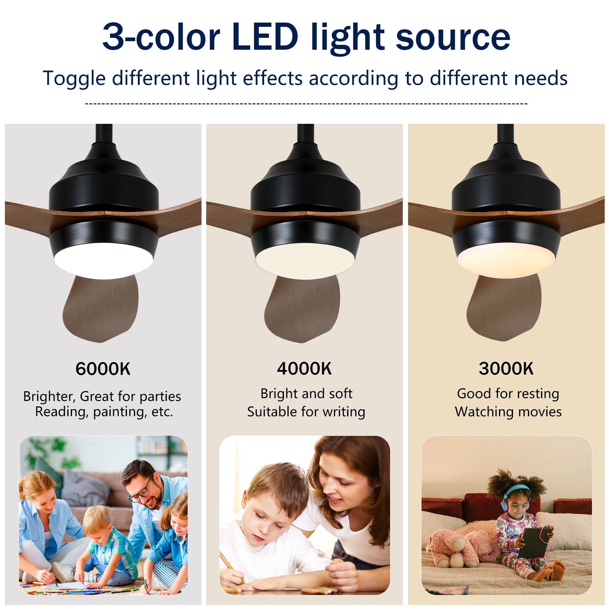 Ceiling Fan With Lights Quiet DC Motor 3 Blade Ceiling Fans 6 Speed Levels, Reversible Ceiling Fan - Matte Black / Wood