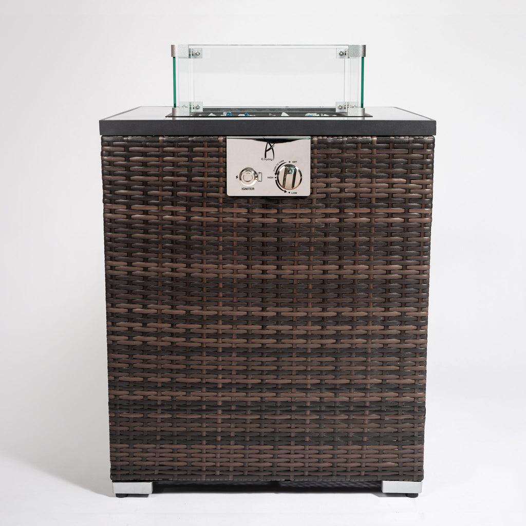Propane Gas Square Fire Pit, Tile Tabletop With Beautiful Wicker Base For Outside
