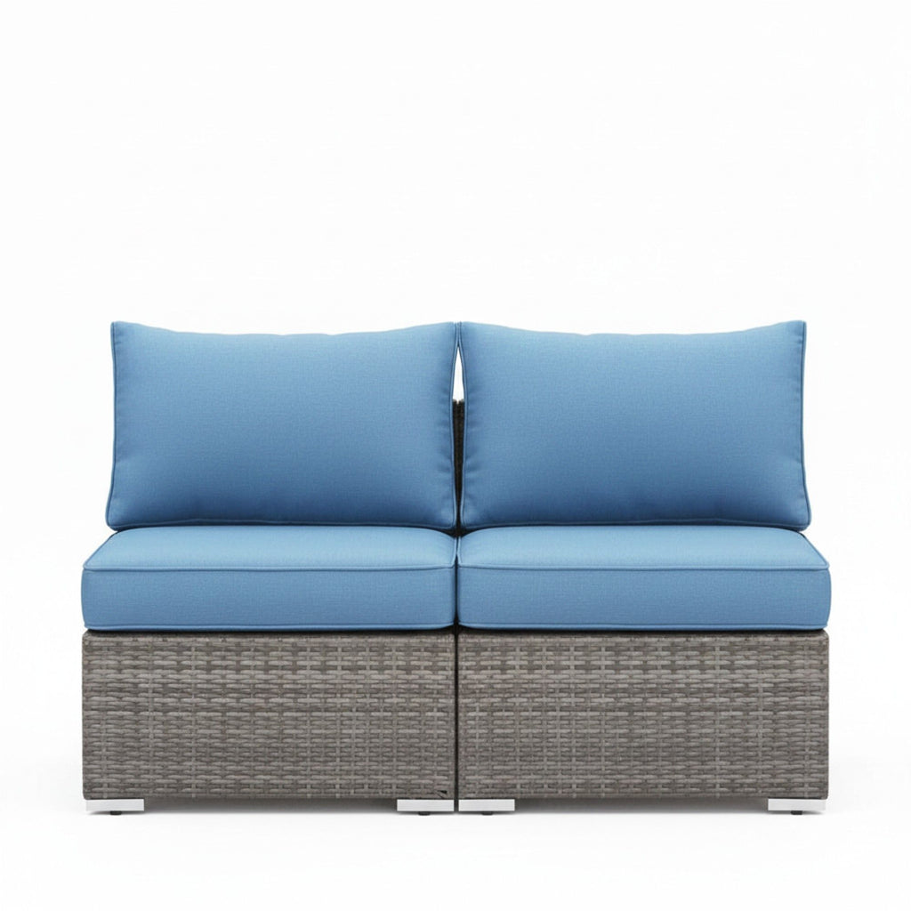Armless Patio Sofa Set, With UV Resistant Frame And Waterproof Cushions - Blue / Brown