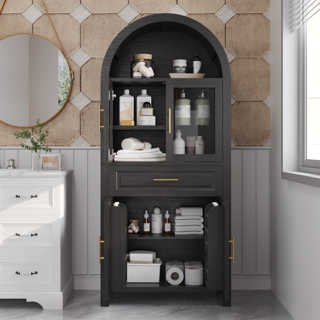 Arched Kitchen Pantry Cabinet With Adjustable Shelves & Barn Door Design