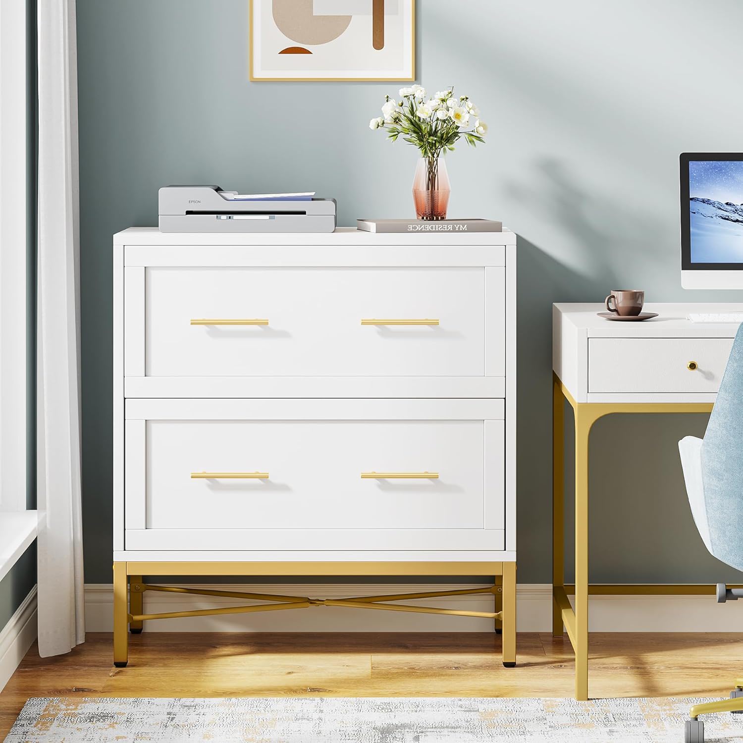 2 Drawer Lateral File Cabinet With Anti Tilt Safety, Filing Storage For Letter / Legal / A4 Files - White
