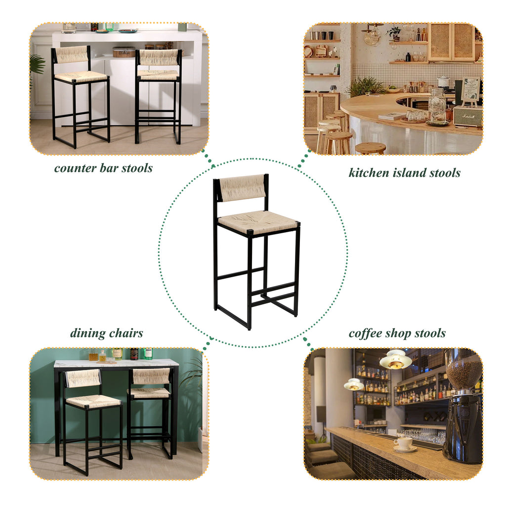 Bar Stools Paper Rope Weave Dining Chairs With Back Hand Weave Stools For Kichen Island, Bar & Counter (Set of 2)