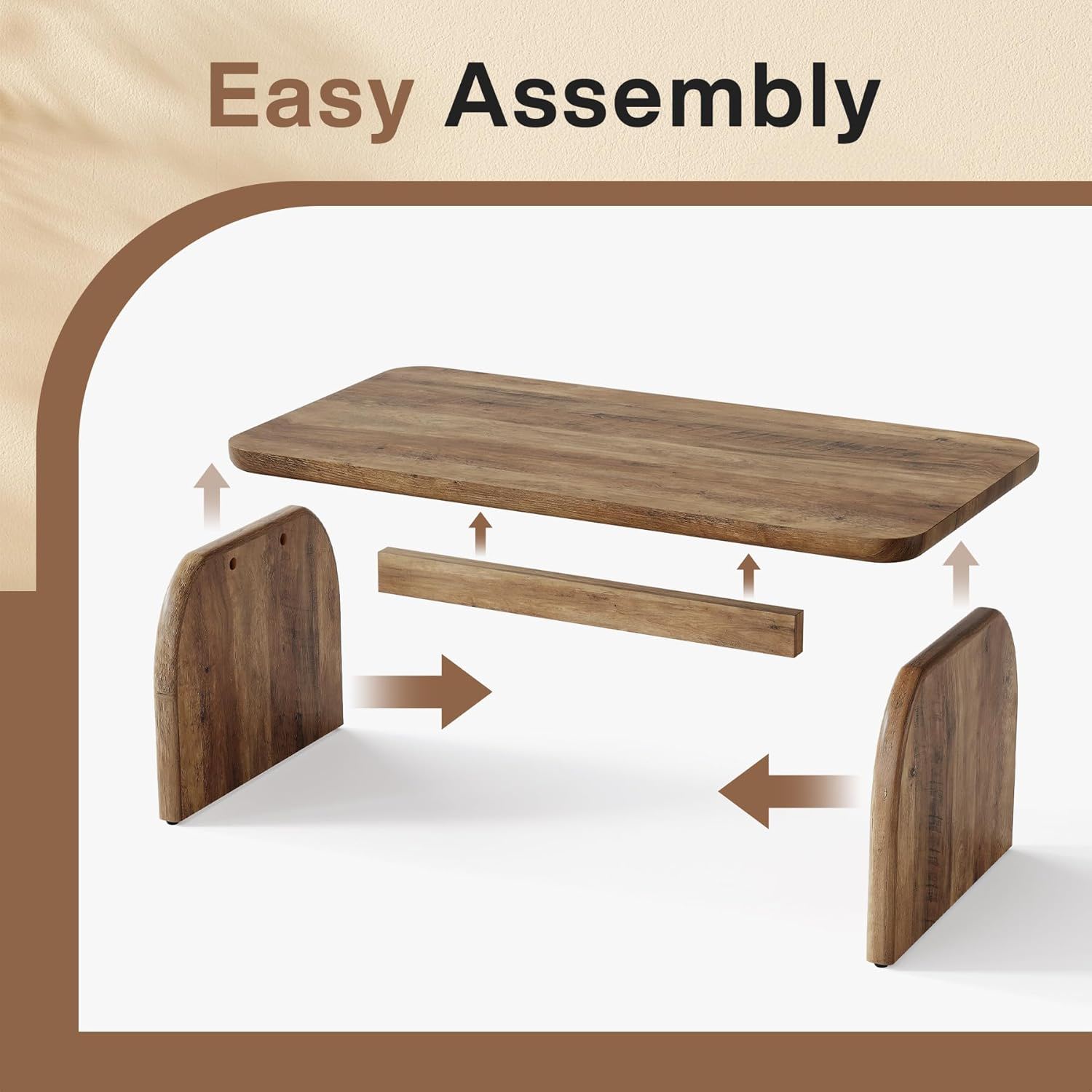Rectangle Coffee Table With H-Base & Rounded Corners - Brown