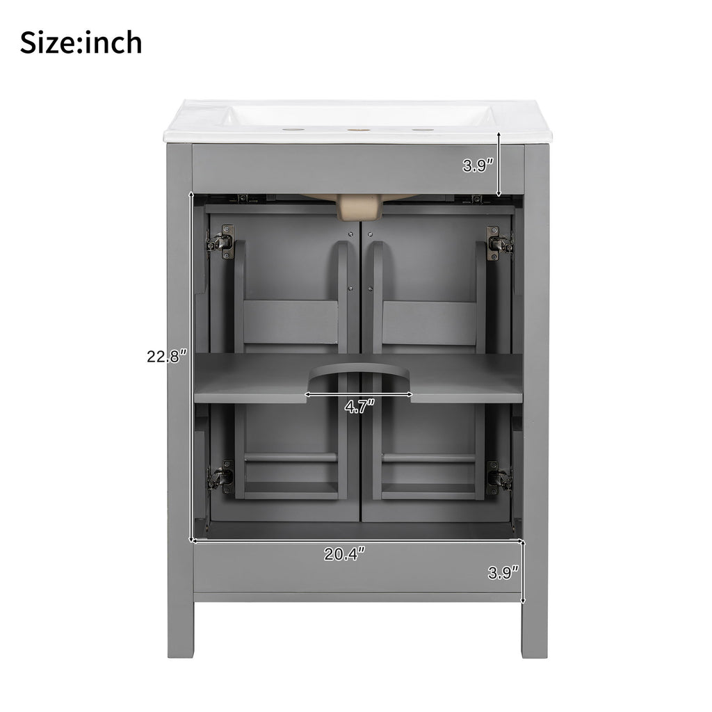 Bathroom Vanity With Ceramic Sink, Soft Close Doors, Flip Drawer, Double Layer Door Shelves