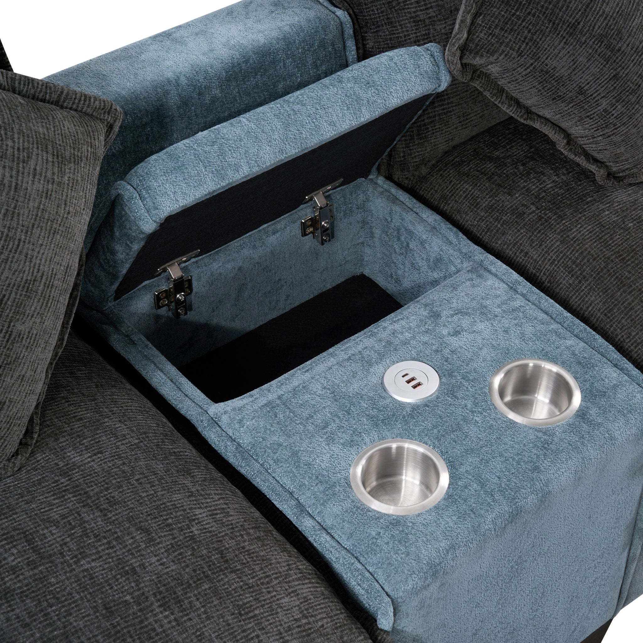 Sectional Sofa With Removable Ottomans, USB Ports, Cup Holders & Storage - Gray / Light Blue