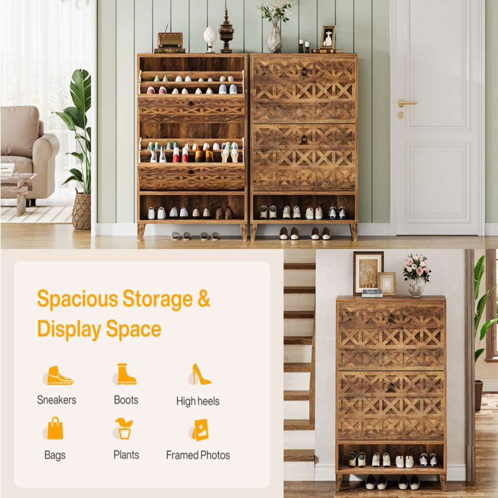Narrow Shoe Cabinet With 2 Flip Drawers For Entryway Organizer - Rustic Brown
