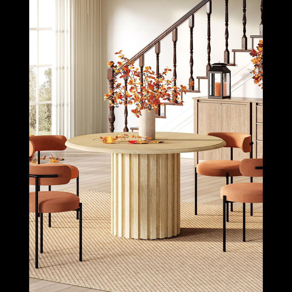 Round Dining Table With Fluted Pedestal Base, Circle Kitchen & Dinner Table - Natural Wood