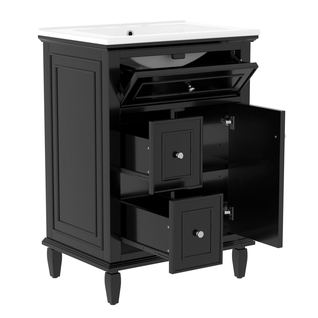 24" Bathroom Vanity With Sink, Cabinet, Adjustable Shelf, Flip Drawer & 2 Drawers - Black
