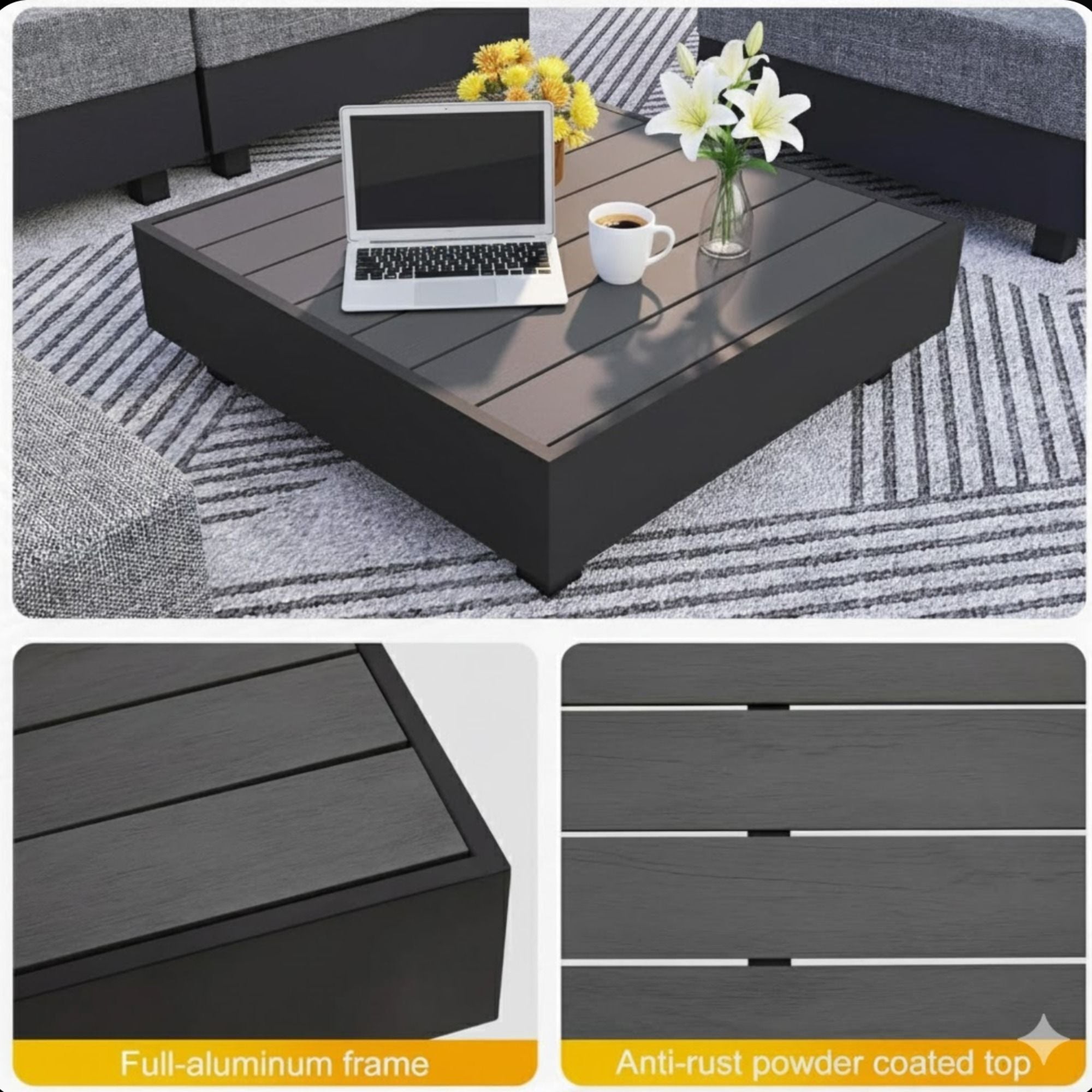 Square Slatted Patio Coffee Table With Rust Resistant Accents - Gray