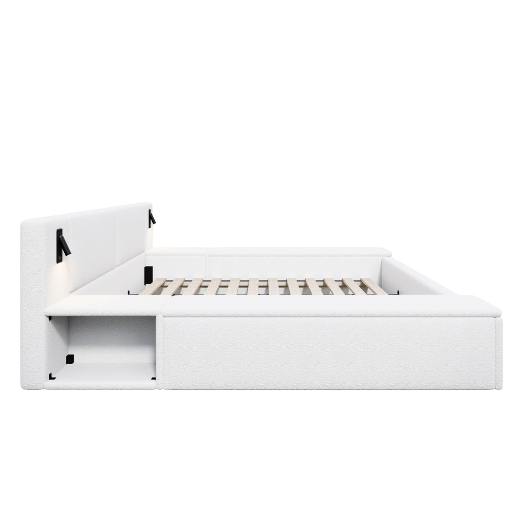 Upholstered Platform Bed Frame With Hidden Storage, Built-In Nightstands & LED Reading Lights