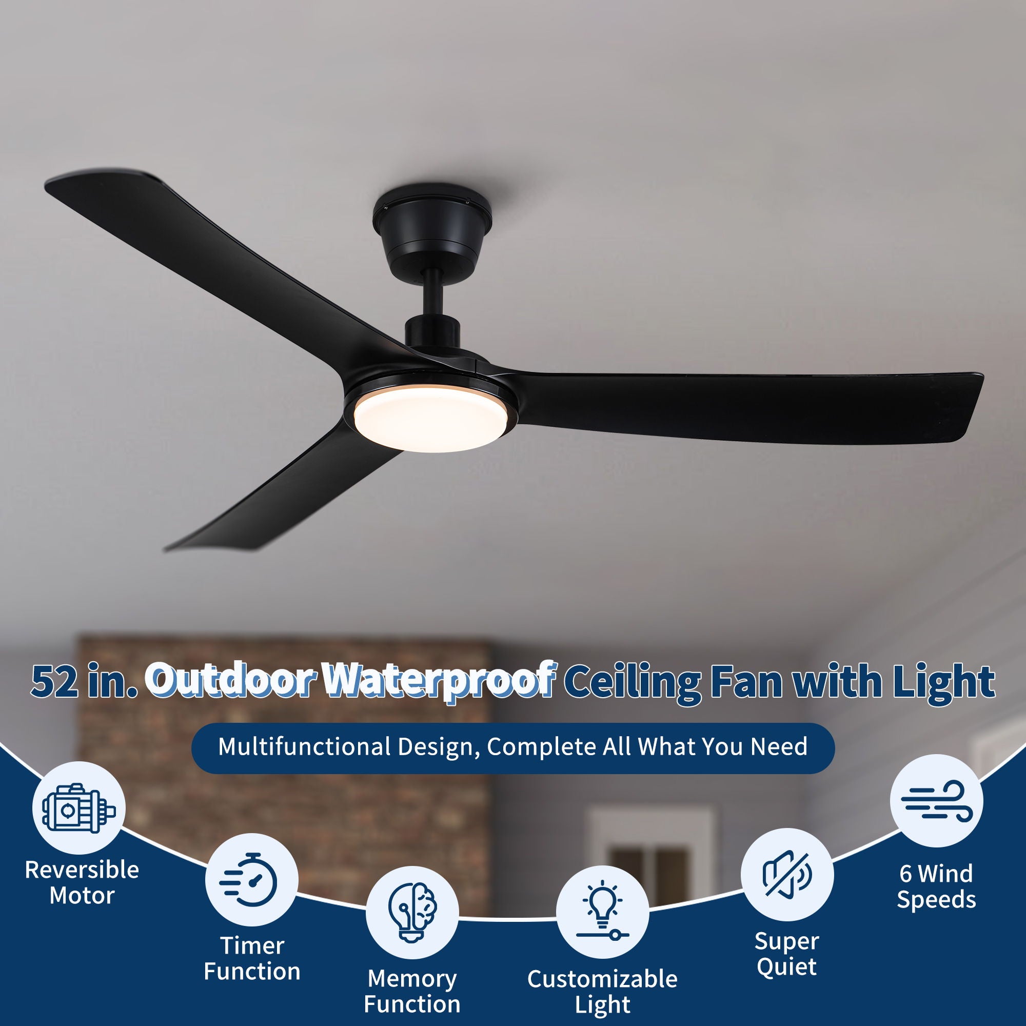 All Weather Outdoor Waterproof Ceiling Fan With Light And Quiet Motor For Patio Porch - Black