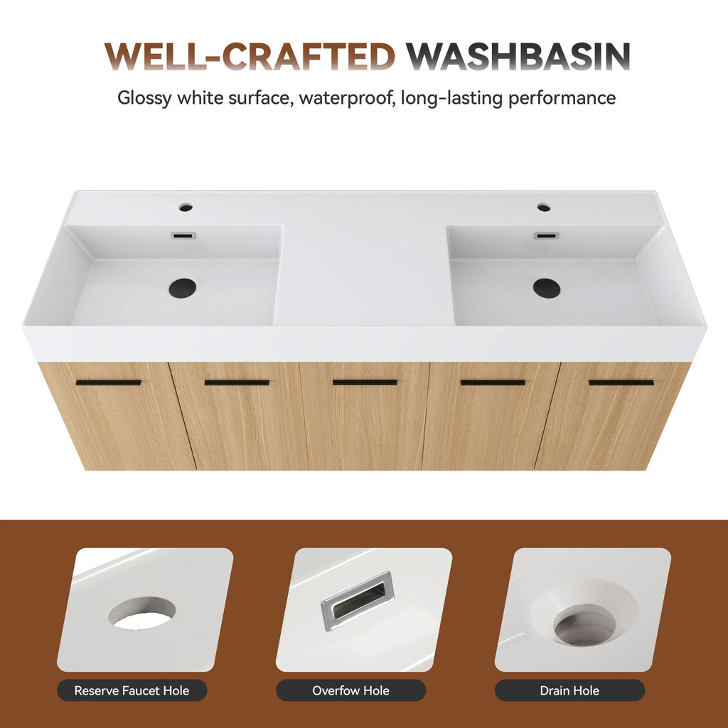 Floating Double Sink Bathroom Vanity Set With Tall Linen Cabinet, Extra Large Storage, Integrated Sink, Soft Close Doors - Glossy White / Light Oak