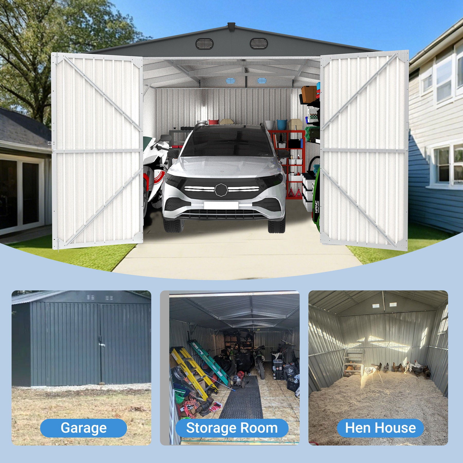 Outdoor Storage Shed, Metal Garden Shed Backyard Utility Tool House Building With 2 Doors And 4 Vents For Car, Truck, Bike, Garbage Can, Tool, Lawnmower