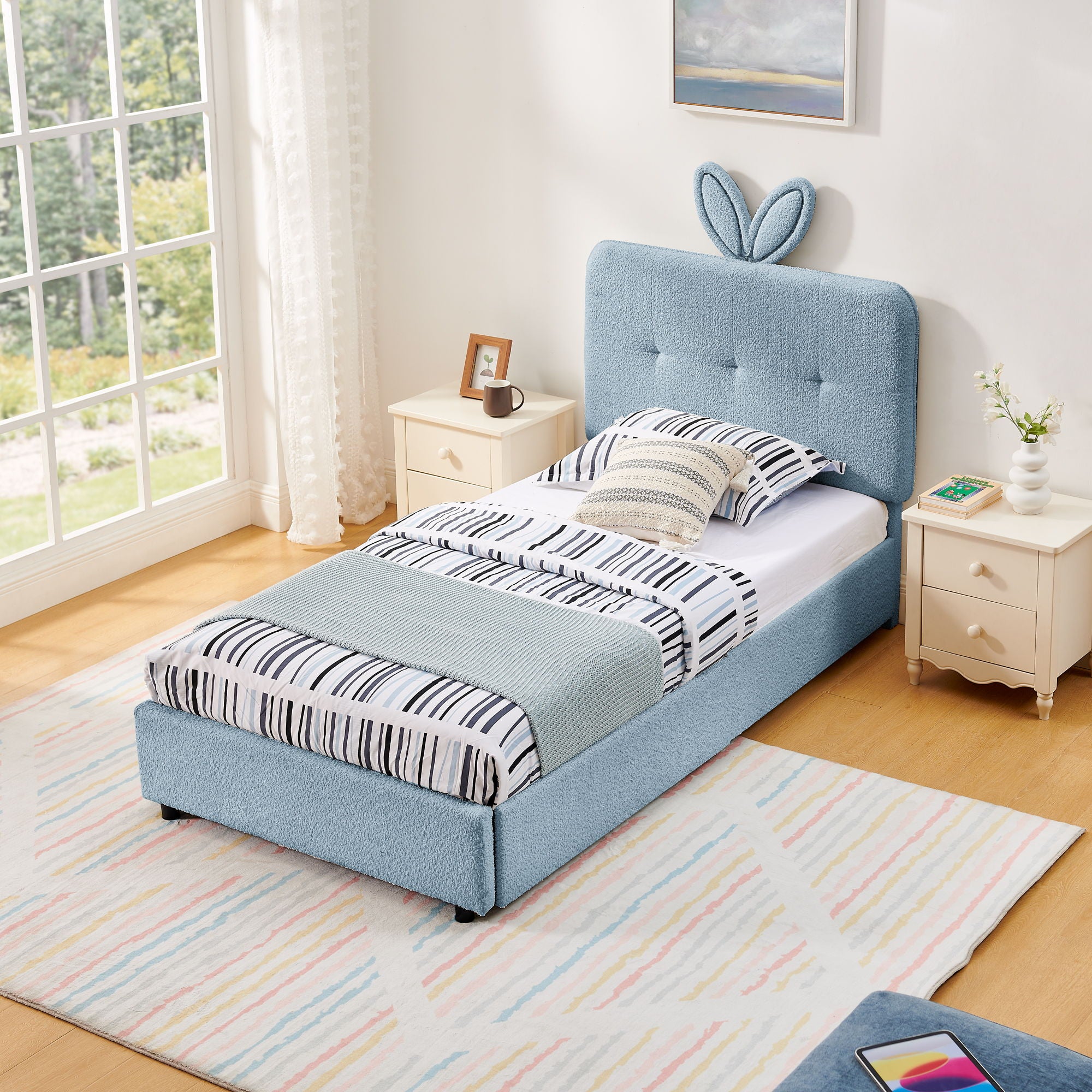 Upholstered Bed With Oversized Rabbit Ear Headboard, LED Lights & 4 Storage Drawers