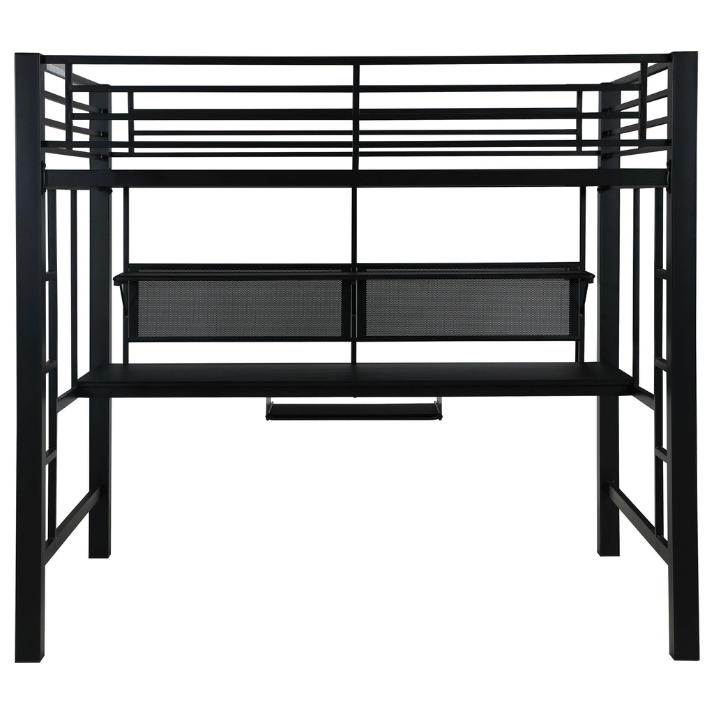 Ranier - Full Workstation Loft Bed, Full Length Desk, Safety Rails And Storage Shelves - Black