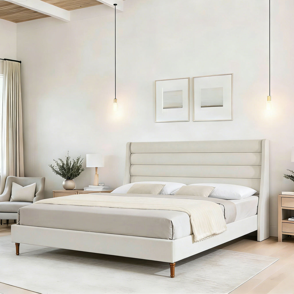 Modern Upholstered Platform Bed With Wave Shaped Headboard