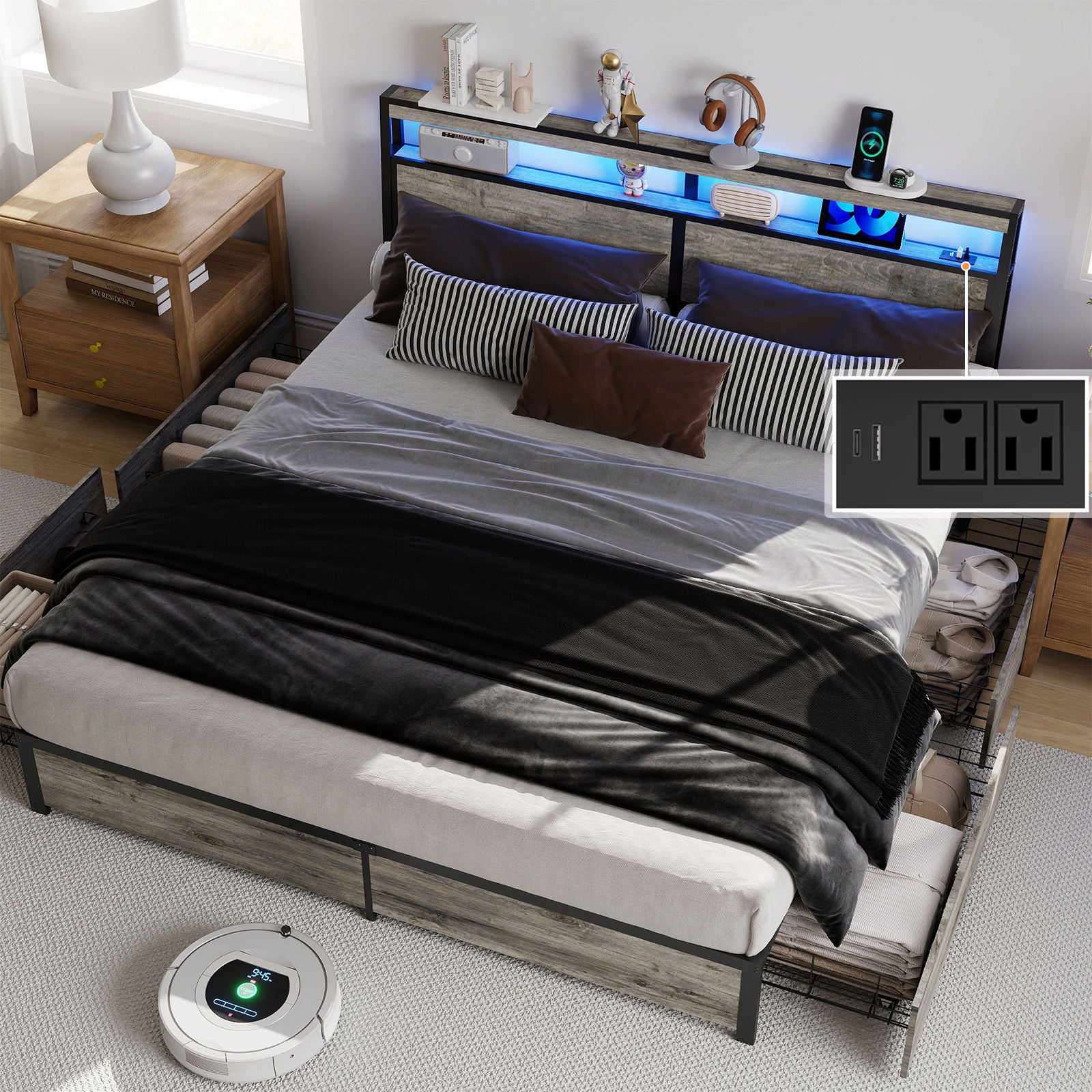 Bed Frame With Headboard, LED Lights & Charging Station