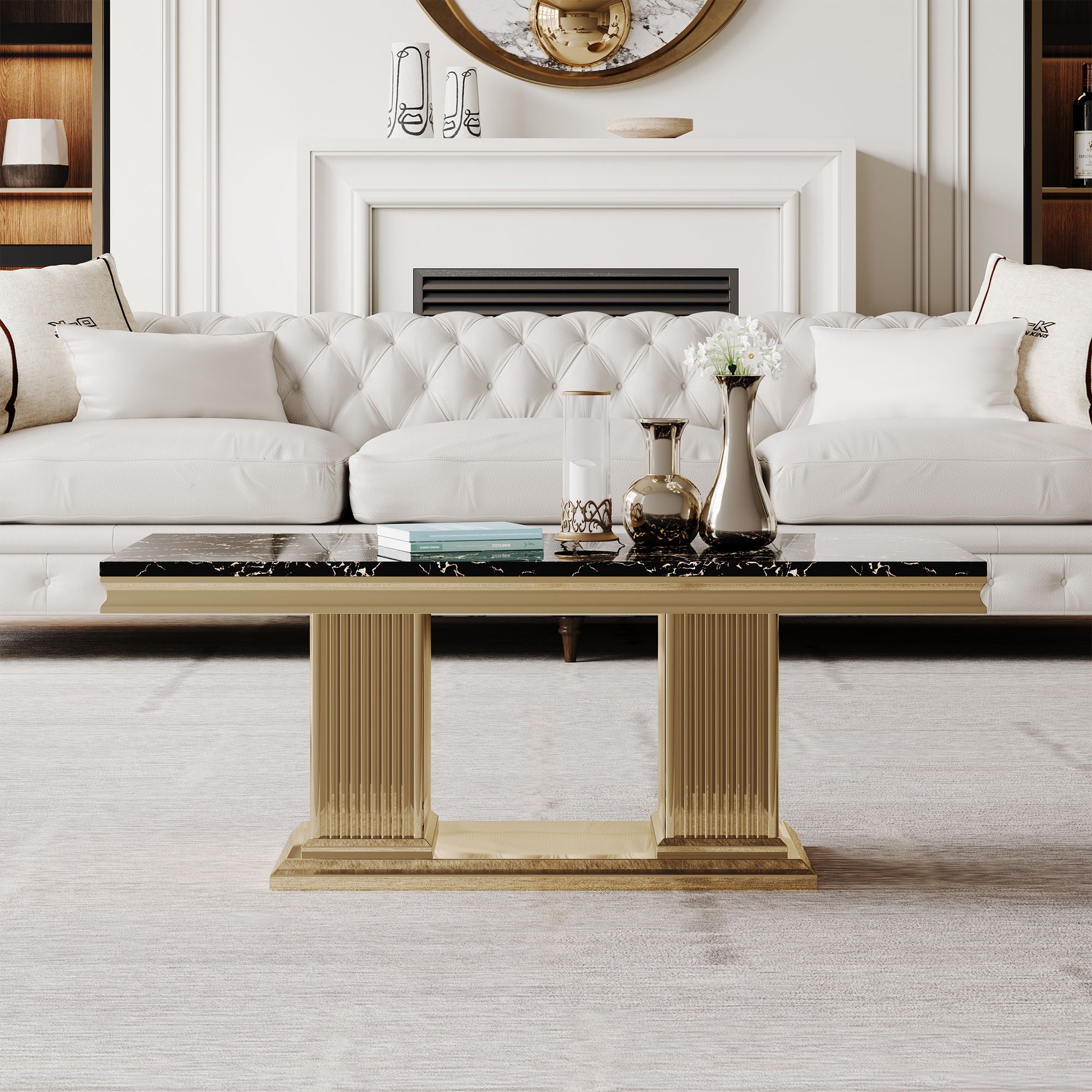 Marble Printed Top Rectangular Table, Stainless Steel Base With Mirrored Finish