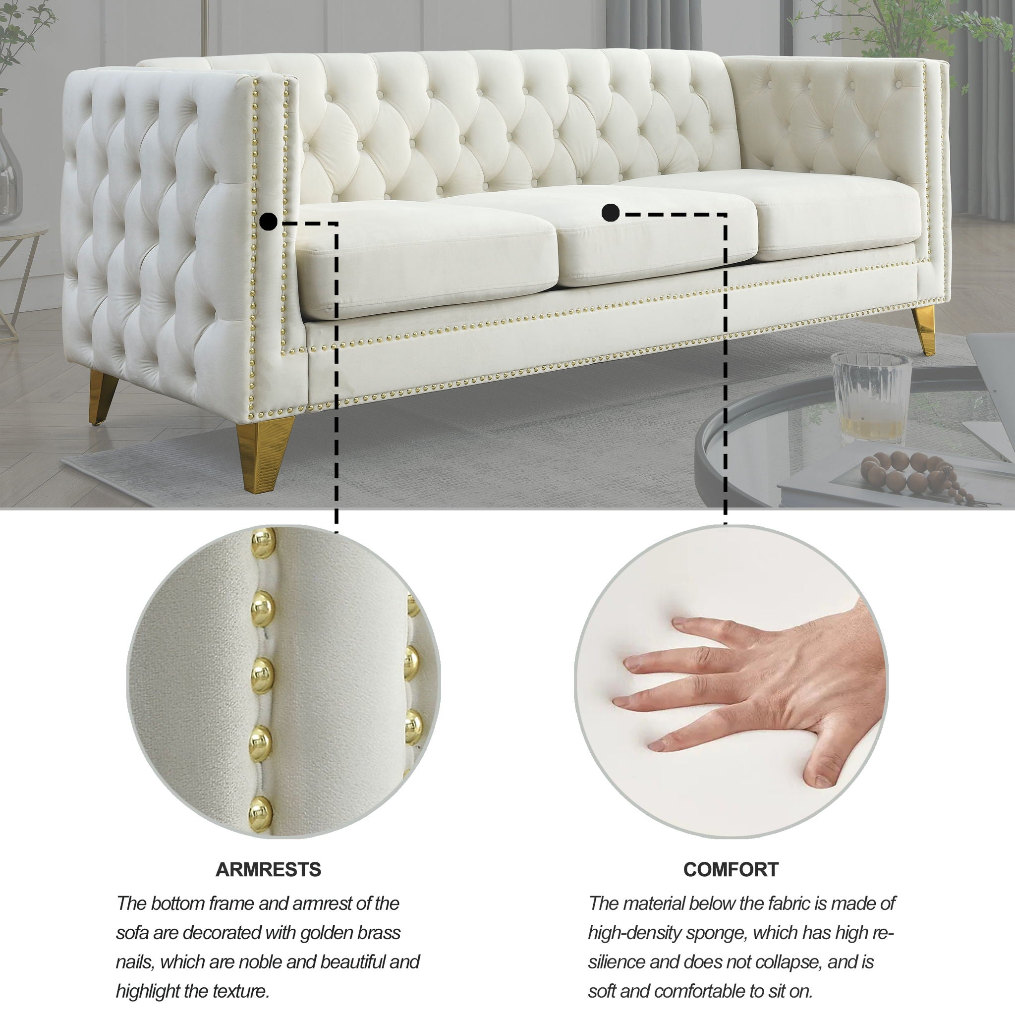 Modern Sofa With Button Tufting, Upholstered Couch For Living Room
