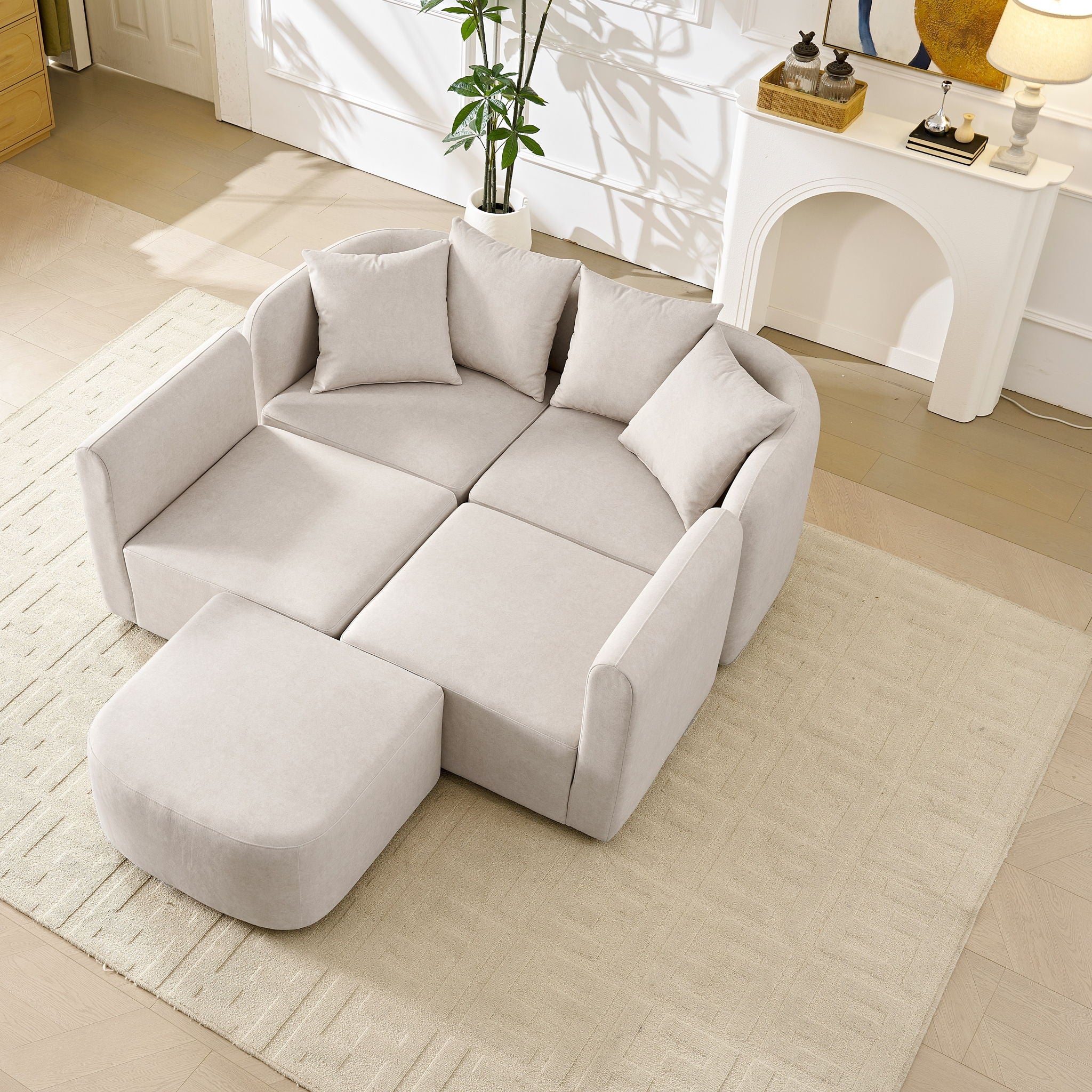 L-Shaped Modular Sectional Sofa With Ottoman, Living Room Furniture Set - Beige