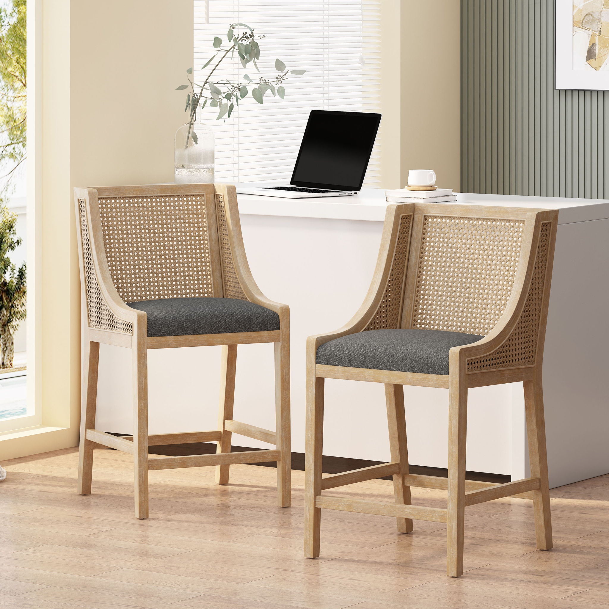 French Country Fabric Upholstered Counter Stools (Set of 2)
