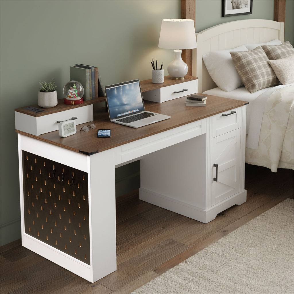 Office Desk With Storage Cabinet, Charging Station, Monitor Stand & Pegboard