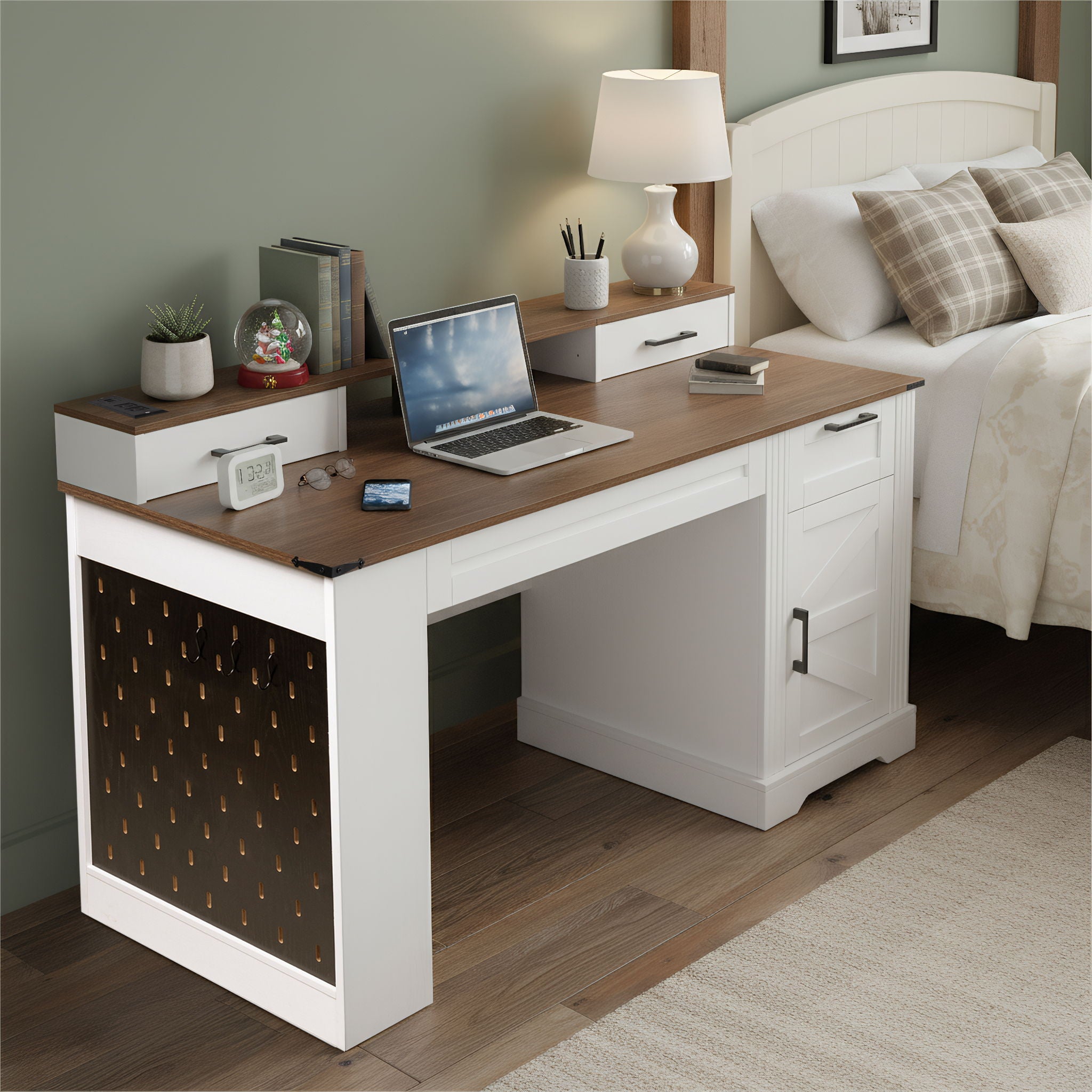 Office Desk With Storage Cabinet, Charging Station, Monitor Stand & Pegboard