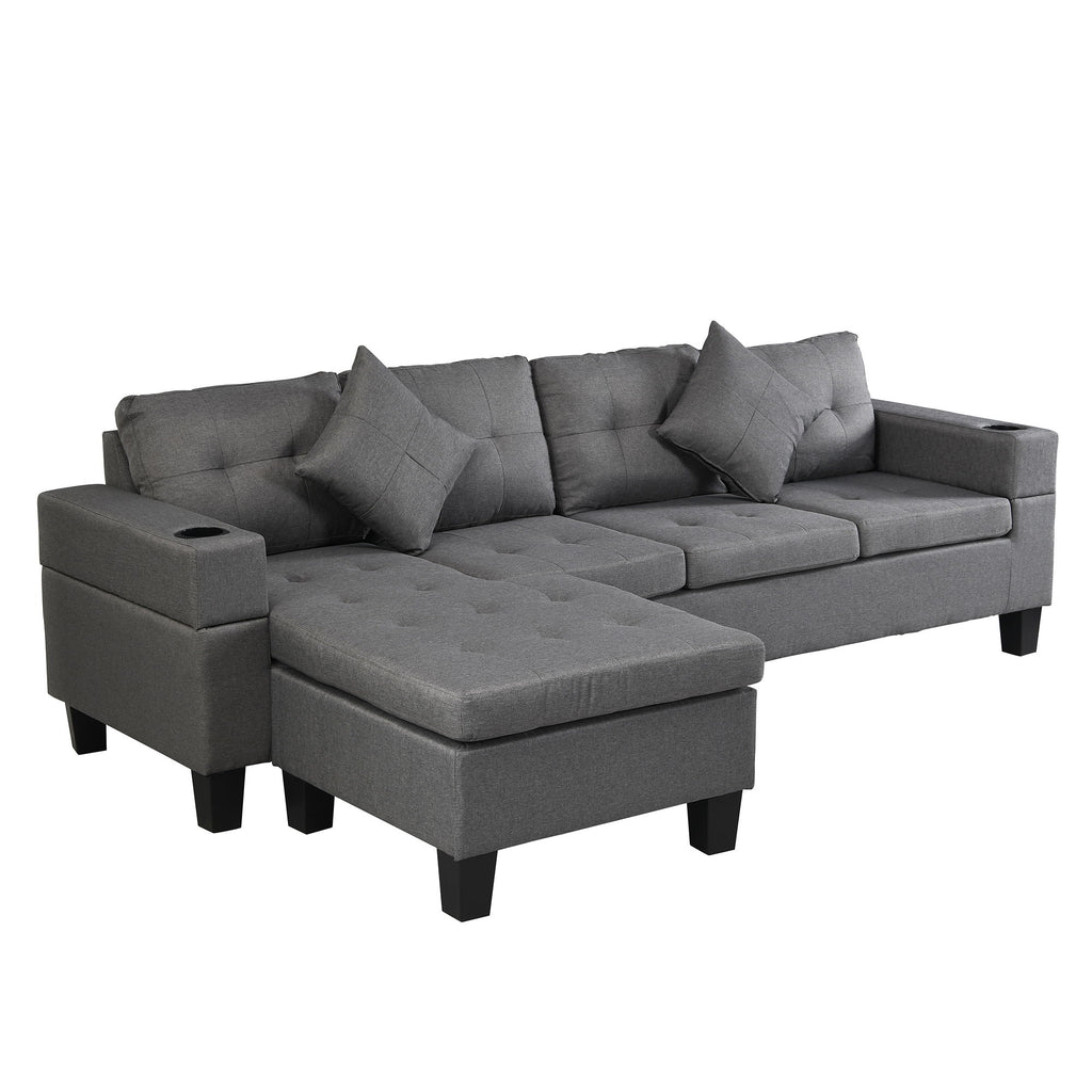 Modern Sectional Sofa Set With L Shape Chaise Lounge, Cup Holder, 4 Seat - Gray
