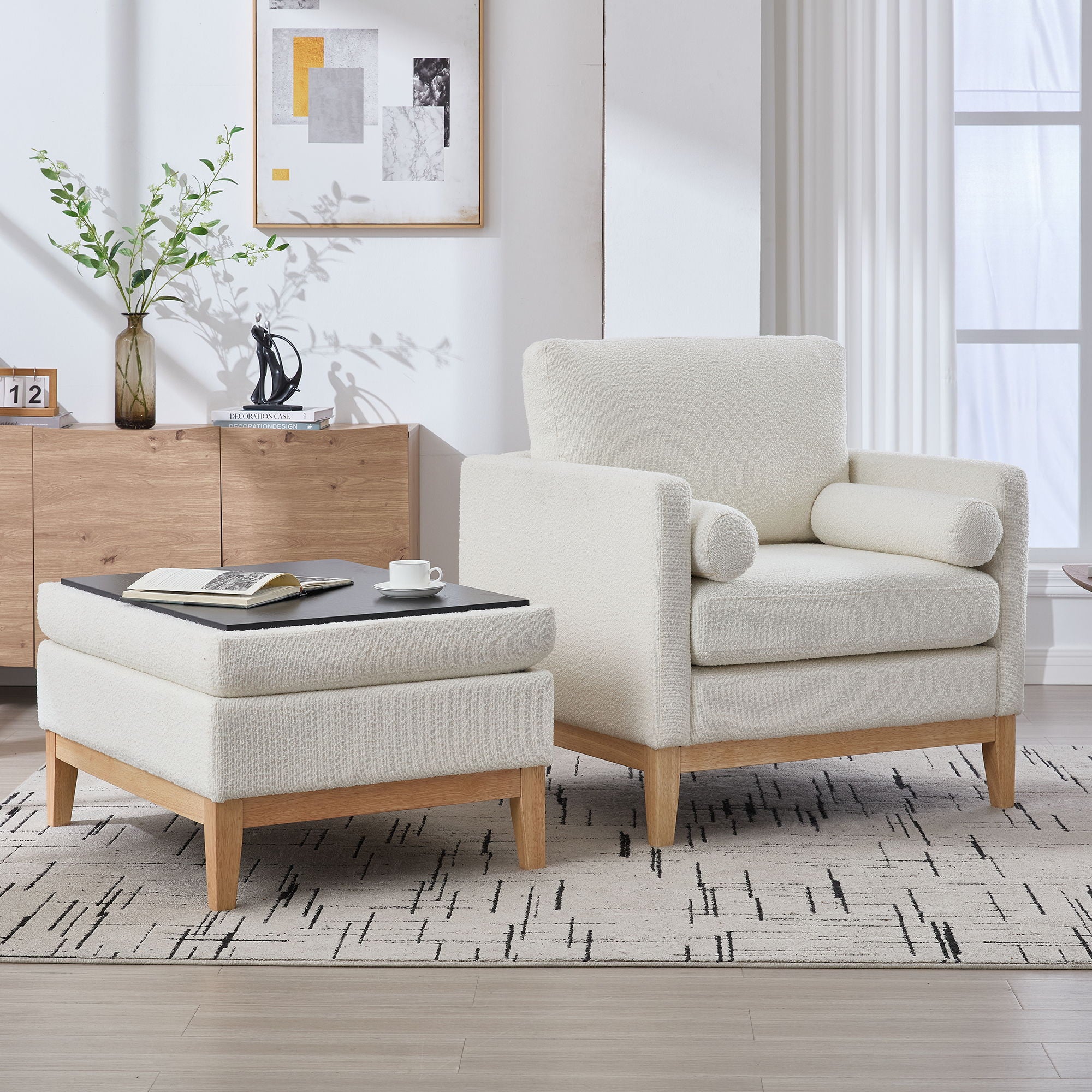 Oversized 360 Degree Swivel Barrel Accent Chair And Ottoman Set With Storage
