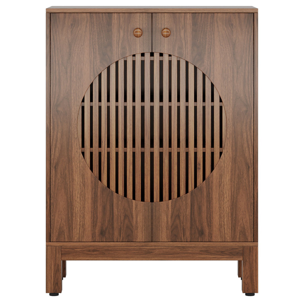 5 Tier Shoe Cabinet With Round Louvered Doors, Storage Organizer - Brown