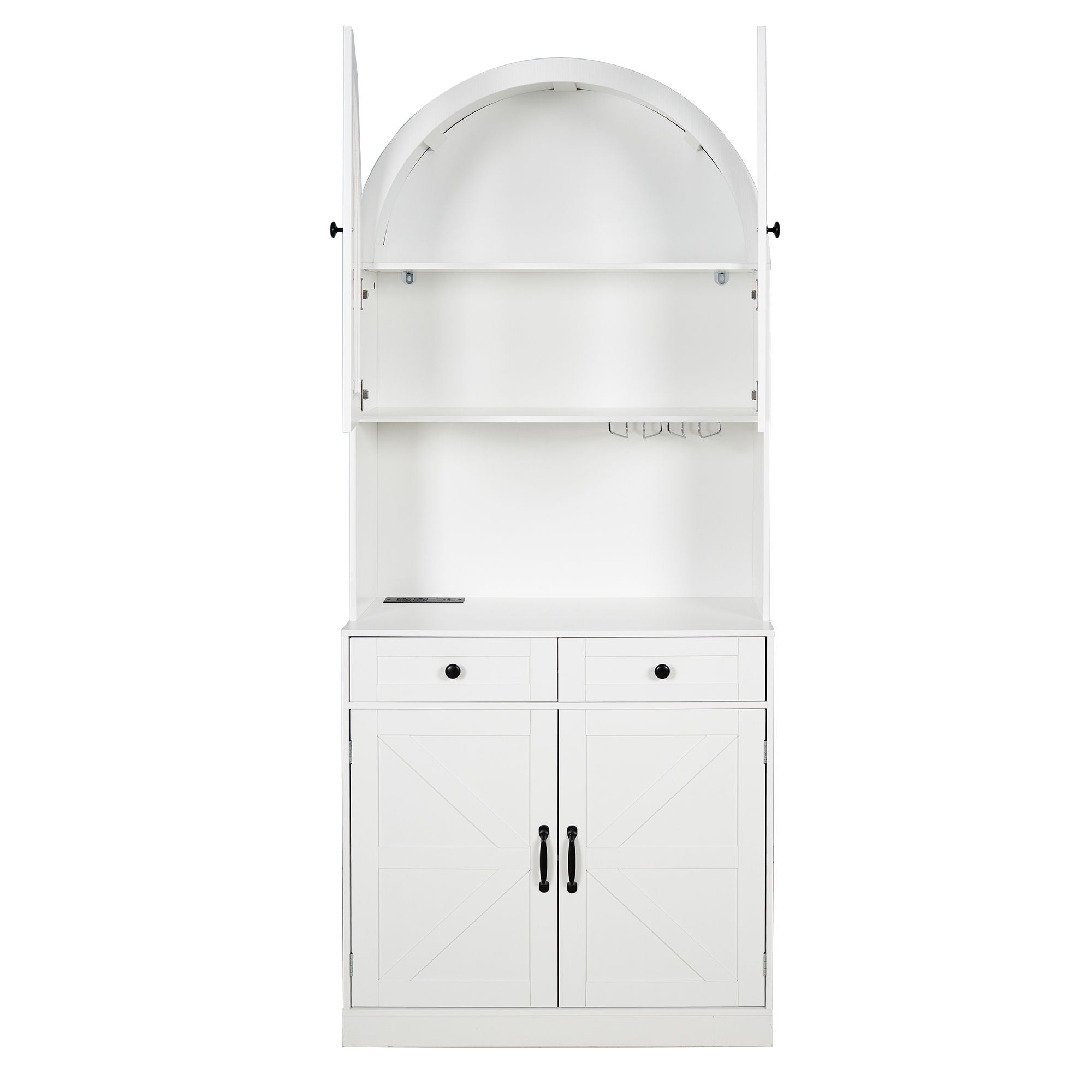 Tall Arched Pantry Cabinet With Charging Station, Adjustable Shelves, Coffee Bar