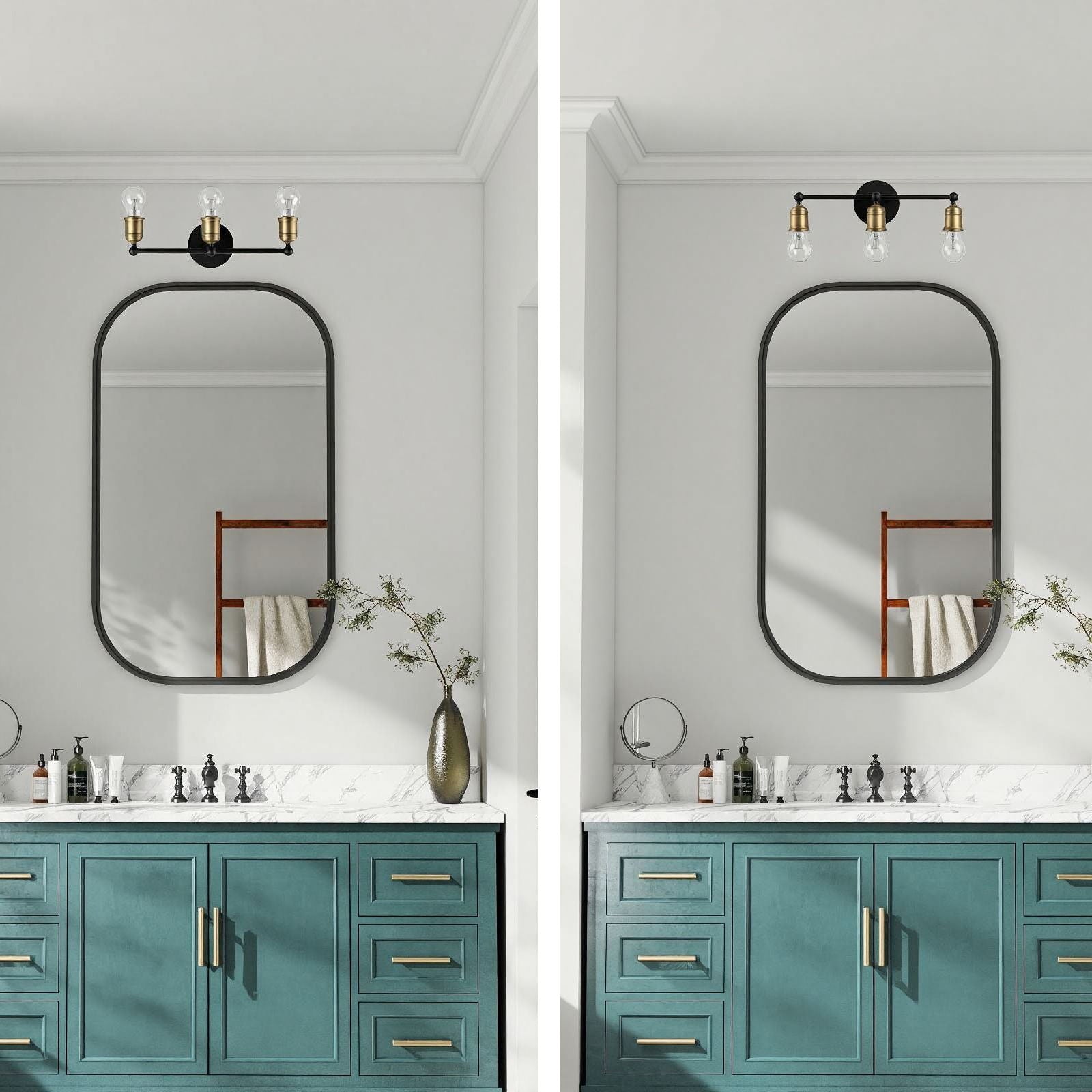 3 Light Wall Sconce, Vanity Light, No Bulbs Included - Black / Gold